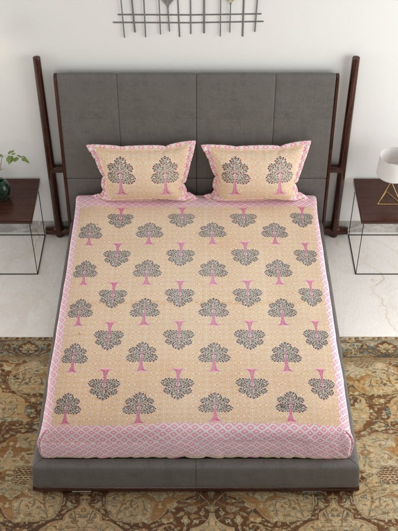 Jaipuri Hand Printed King Size 400 TC Cotton Bedsheet with Pillow Covers- Beige | Verified Sustainable Bed Linens on Brown Living™