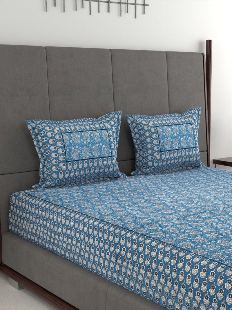 Jaipuri Hand Printed King Size 400 TC Cotton Bedsheet with Pillow Covers- Blue | Verified Sustainable Bed Linens on Brown Living™