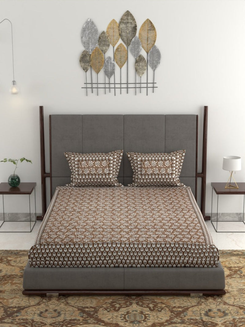 Jaipuri Hand Printed King Size 400 TC Cotton Bedsheet with Pillow Covers- Coffee | Verified Sustainable Bed Linens on Brown Living™