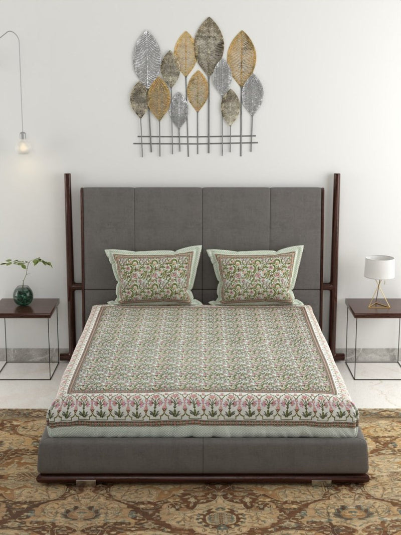 Jaipuri Hand Printed King Size 400 TC Cotton Bedsheet with Pillow Covers- Olive | Verified Sustainable Bed Linens on Brown Living™