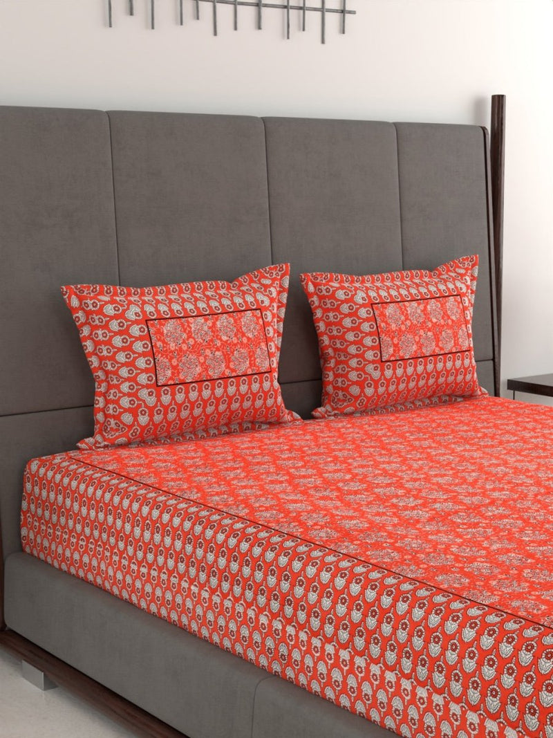 Jaipuri Hand Printed King Size 400 TC Cotton Bedsheet with Pillow Covers- Orange | Verified Sustainable Bed Linens on Brown Living™