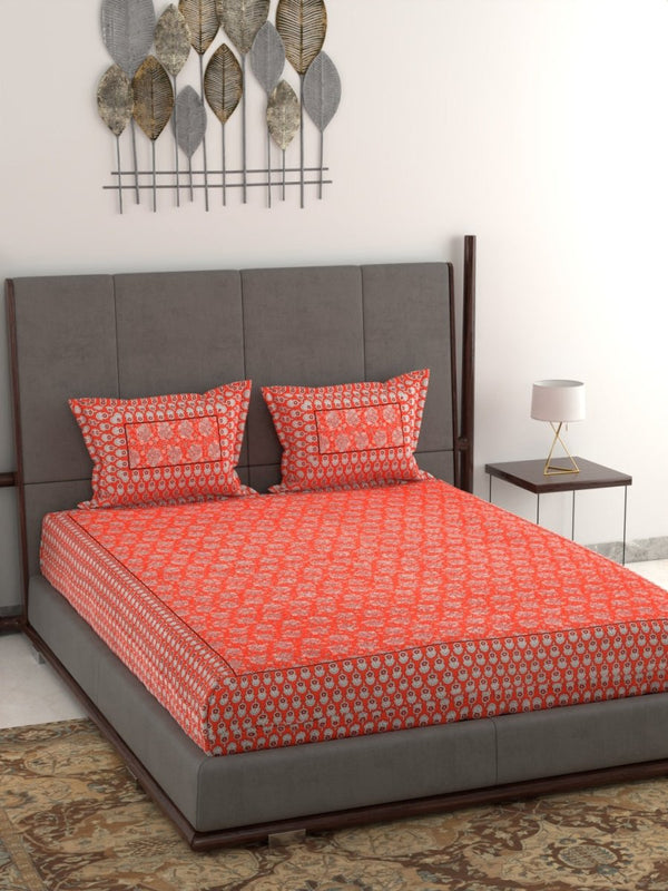 Jaipuri Hand Printed King Size 400 TC Cotton Bedsheet with Pillow Covers- Orange | Verified Sustainable Bed Linens on Brown Living™