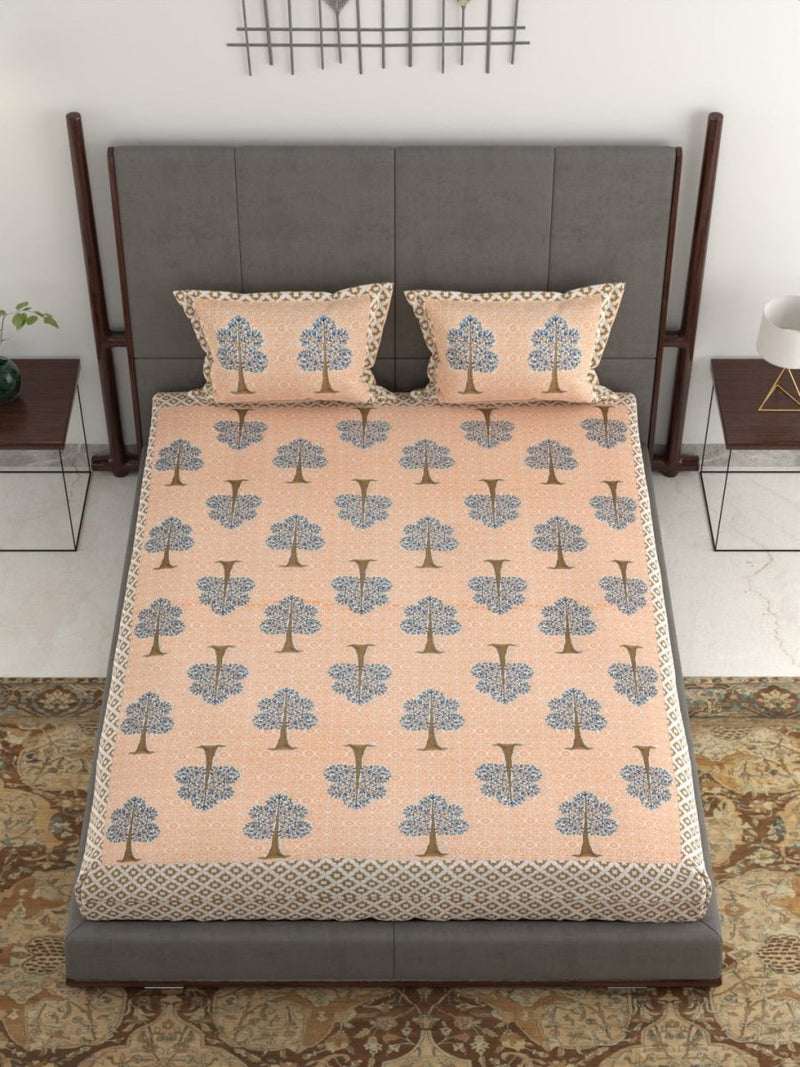 Jaipuri Hand Printed King Size 400 TC Cotton Bedsheet with Pillow Covers- Peach | Verified Sustainable Bed Linens on Brown Living™