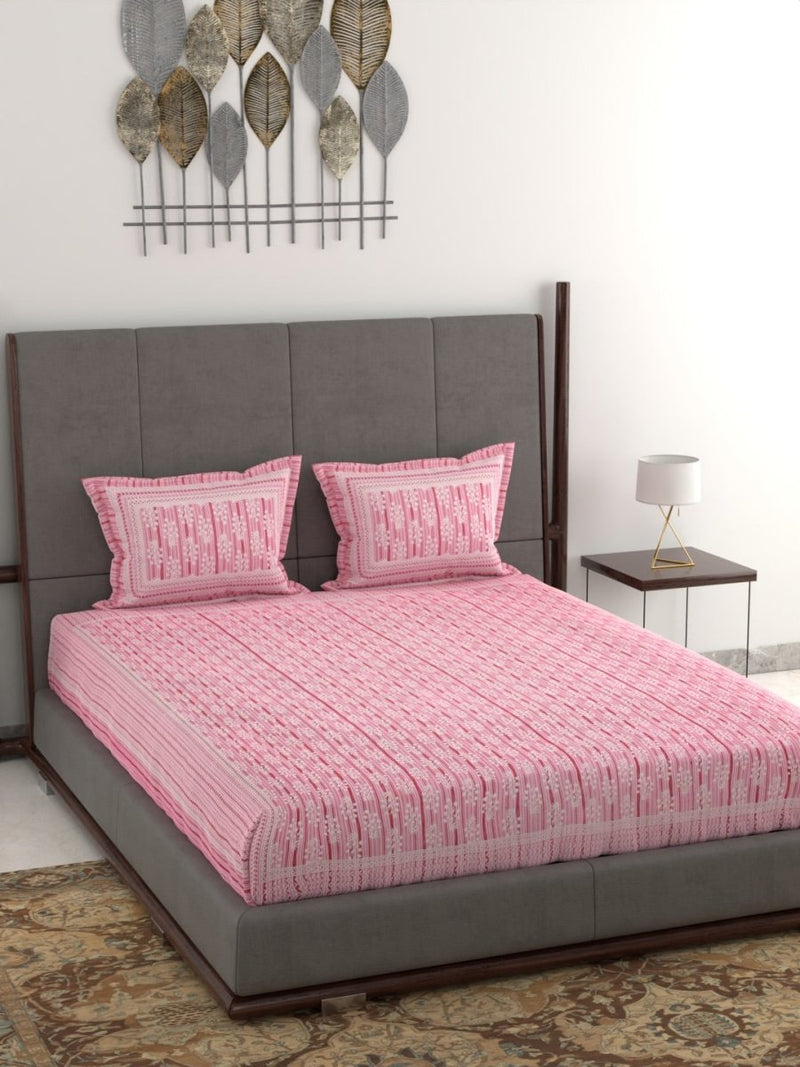 Jaipuri Hand Printed King Size 400 TC Cotton Bedsheet with Pillow Covers- Pink | Verified Sustainable Bed Linens on Brown Living™