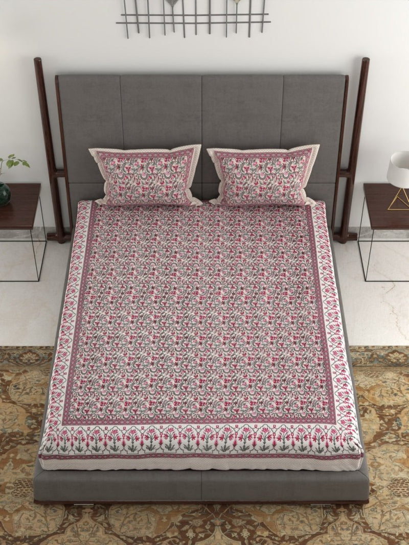 Jaipuri Hand Printed King Size 400 TC Cotton Bedsheet with Pillow Covers- Pink | Verified Sustainable Bed Linens on Brown Living™