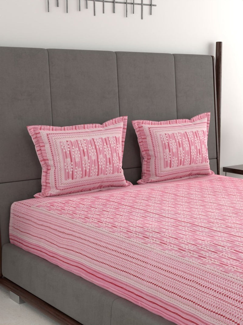 Jaipuri Hand Printed King Size 400 TC Cotton Bedsheet with Pillow Covers- Pink | Verified Sustainable Bed Linens on Brown Living™