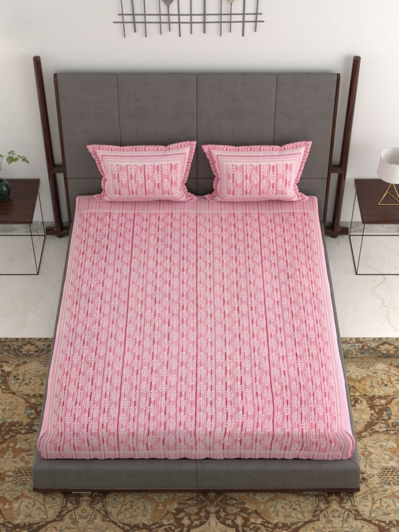 Jaipuri Hand Printed King Size 400 TC Cotton Bedsheet with Pillow Covers- Pink | Verified Sustainable Bed Linens on Brown Living™