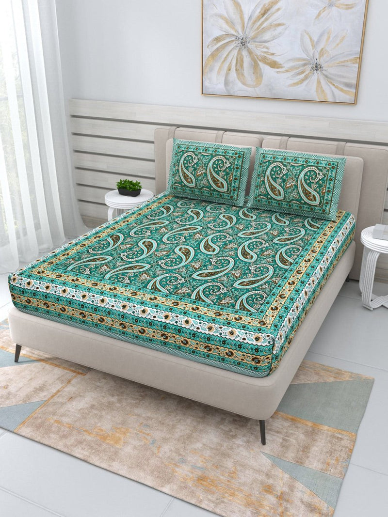 Buy Jaipuri Hand Printed Queen Size Cotton Teal Bedsheet with Pillow Covers | Shop Verified Sustainable Products on Brown Living