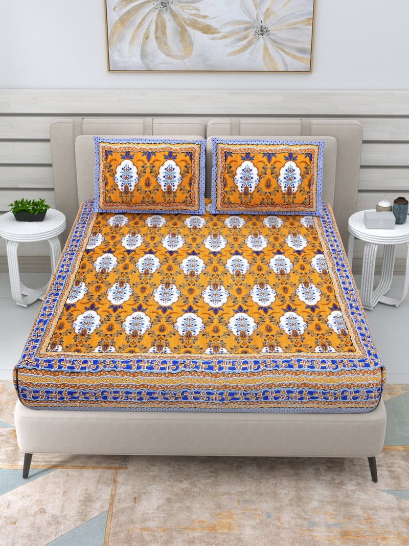 Buy Jaipuri Hand Printed Queen Size Cotton Yellow Bedding Set -647 | Shop Verified Sustainable Products on Brown Living