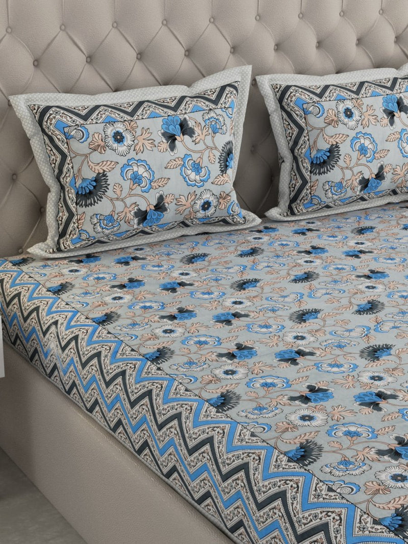 Jaipuri Print King Size 330 TC Pure Cotton Bedsheet with Pillow Covers- Blue | Verified Sustainable Bed Linens on Brown Living™