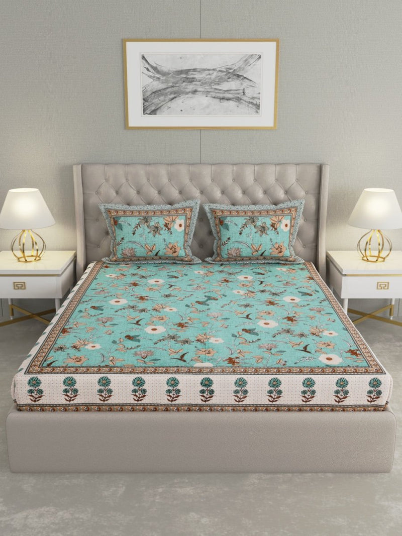 Jaipuri Print King Size 330 TC Pure Cotton Bedsheet with Pillow Covers- Blue | Verified Sustainable Bed Linens on Brown Living™