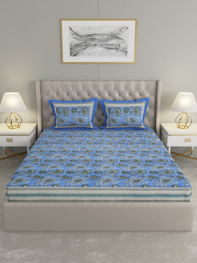 Jaipuri Print King Size 330 TC Pure Cotton Bedsheet with Pillow Covers- Blue | Verified Sustainable Bed Linens on Brown Living™