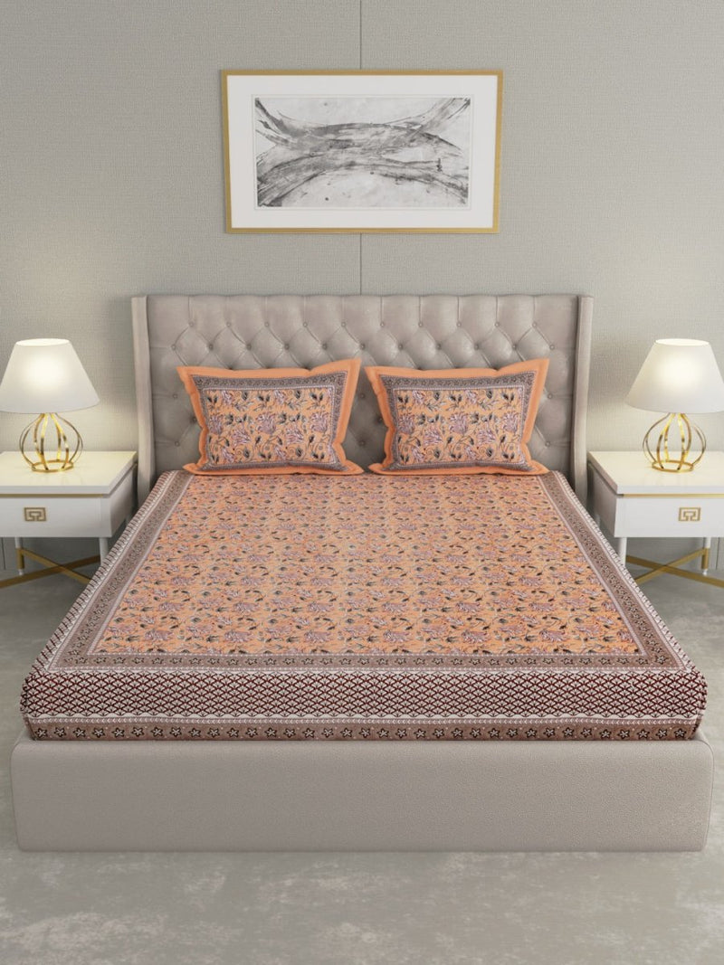 Jaipuri Print King Size 330 TC Pure Cotton Bedsheet with Pillow Covers- Orange | Verified Sustainable Bed Linens on Brown Living™