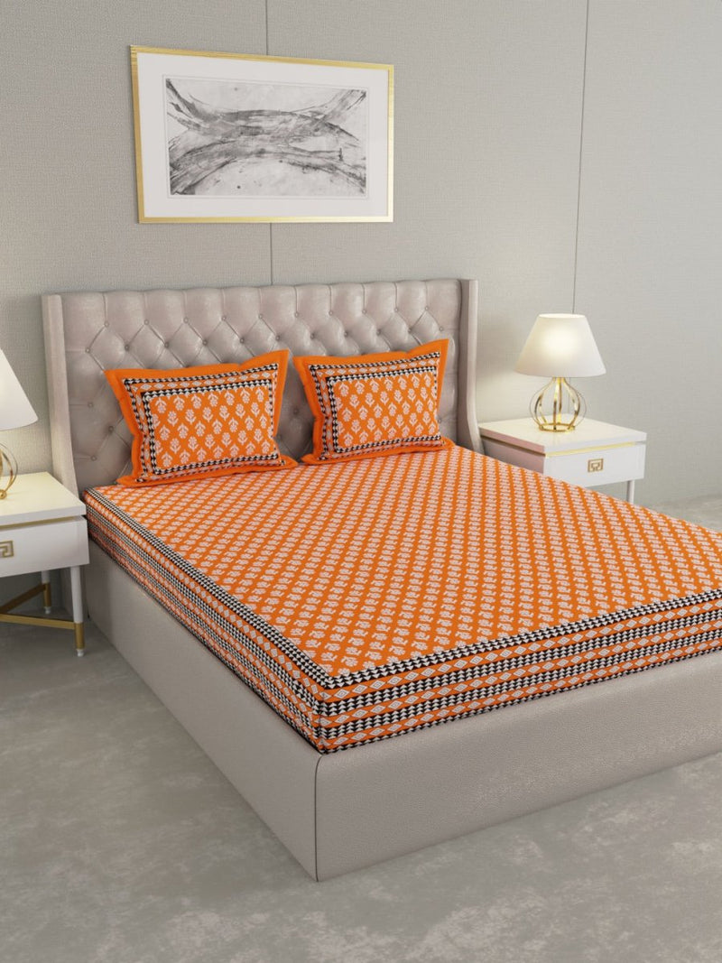 Jaipuri Print King Size 330 TC Pure Cotton Bedsheet with Pillow Covers- Orange | Verified Sustainable Bed Linens on Brown Living™