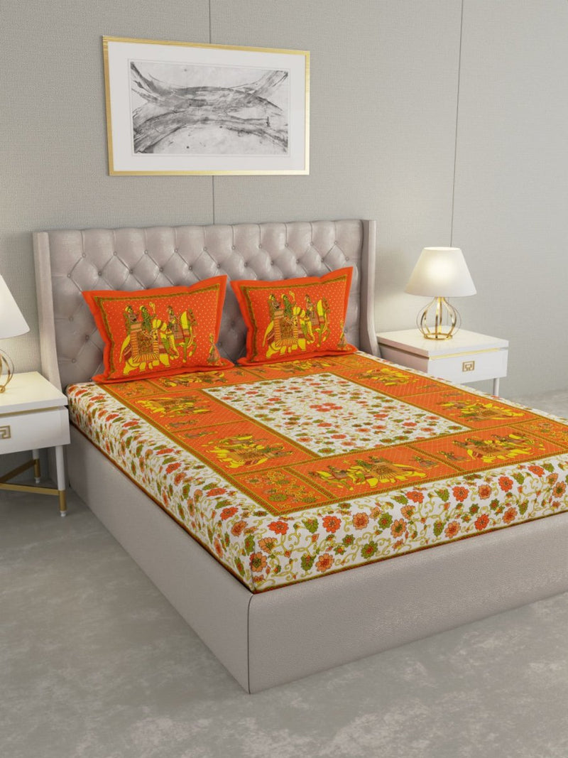 Jaipuri Print King Size 330 TC Pure Cotton Bedsheet with Pillow Covers- Orange | Verified Sustainable Bed Linens on Brown Living™