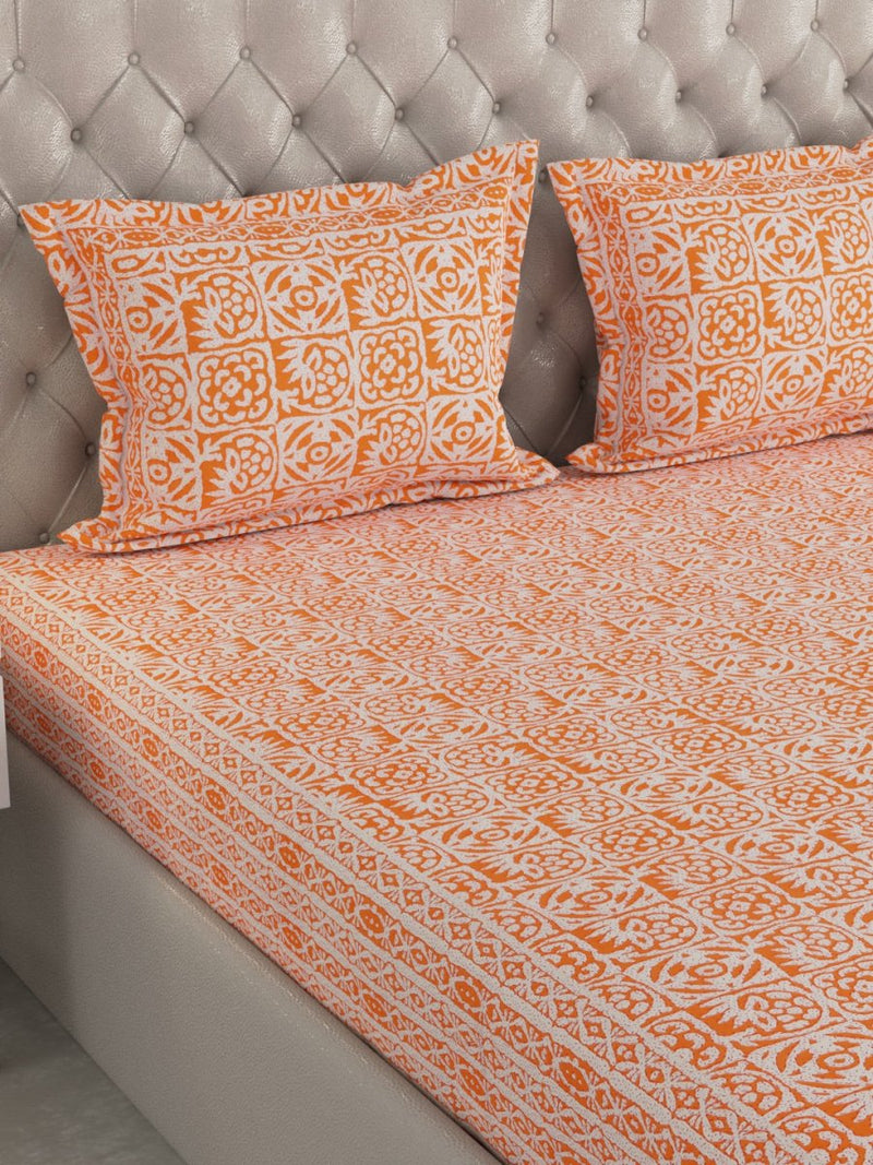 Jaipuri Print King Size 330 TC Pure Cotton Bedsheet with Pillow Covers- Orange | Verified Sustainable Bed Linens on Brown Living™