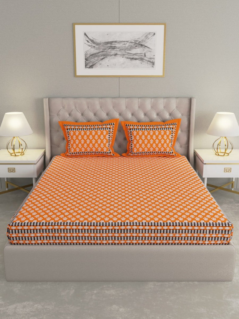 Jaipuri Print King Size 330 TC Pure Cotton Bedsheet with Pillow Covers- Orange | Verified Sustainable Bed Linens on Brown Living™