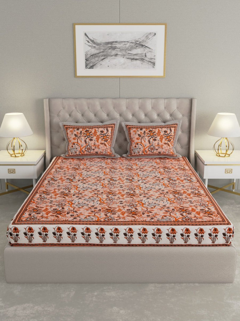 Jaipuri Print King Size 330 TC Pure Cotton Bedsheet with Pillow Covers- Peach | Verified Sustainable Bed Linens on Brown Living™