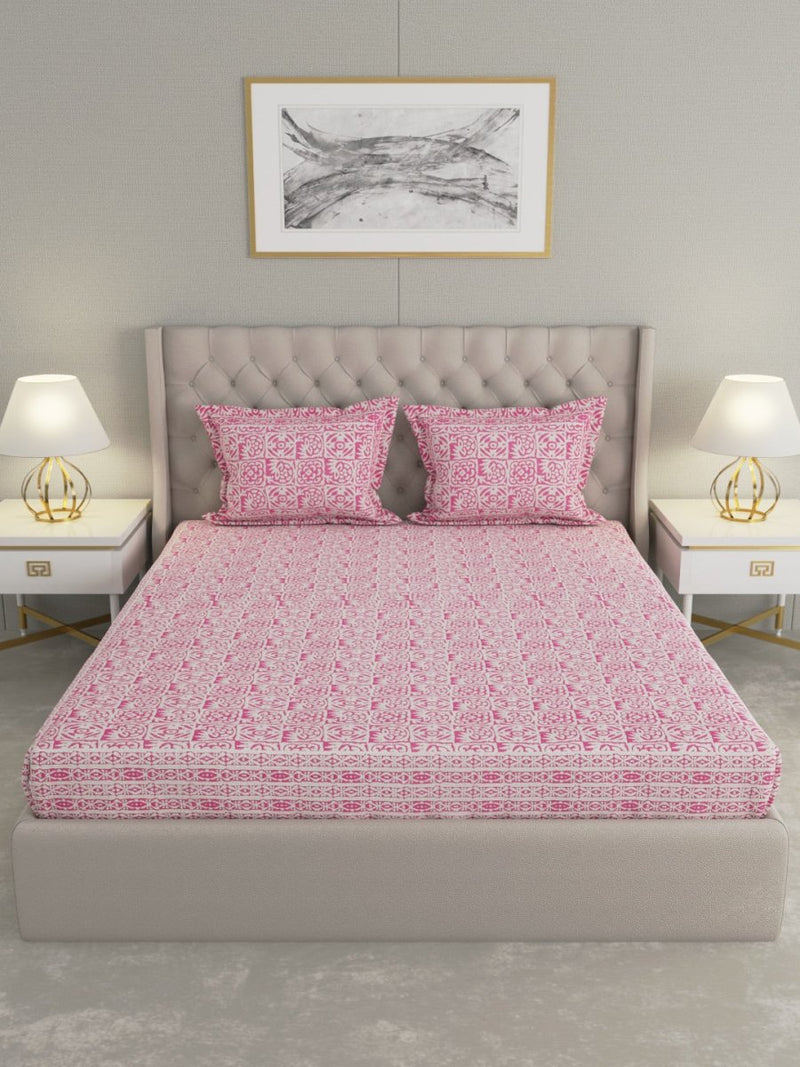 Jaipuri Print King Size 330 TC Pure Cotton Bedsheet with Pillow Covers- Pink | Verified Sustainable Bed Linens on Brown Living™