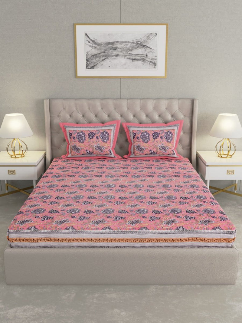 Jaipuri Print King Size 330 TC Pure Cotton Bedsheet with Pillow Covers- Pink | Verified Sustainable Bed Linens on Brown Living™