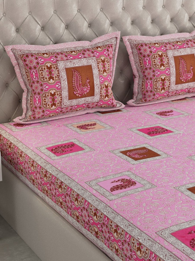 Jaipuri Print King Size 330 TC Pure Cotton Bedsheet with Pillow Covers- Pink | Verified Sustainable Bed Linens on Brown Living™