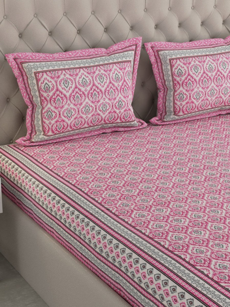 Jaipuri Print King Size 330 TC Pure Cotton Bedsheet with Pillow Covers- Pink | Verified Sustainable Bed Linens on Brown Living™