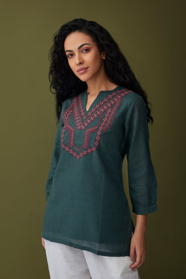 Karigiri Olive Linen Tunic | Verified Sustainable Womens Top on Brown Living™