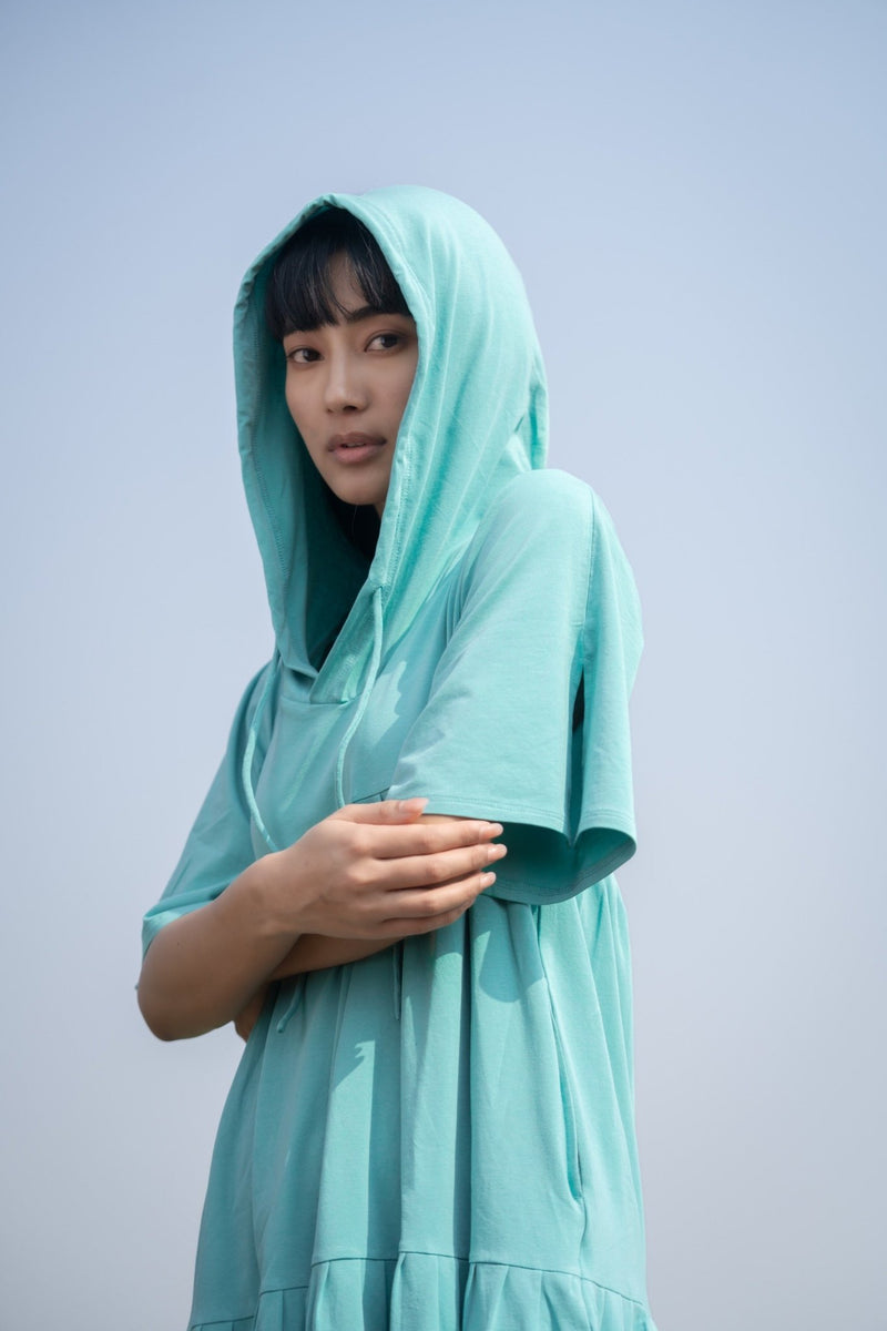 Katir- Hoodie Dress With Slit Bell Sleeves - Aqua Blue | Verified Sustainable Womens Dress on Brown Living™