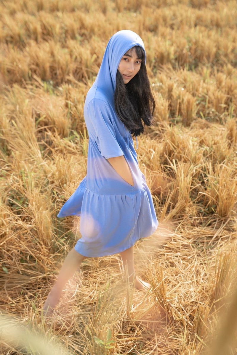 Katir- Hoodie Dress With Slit Bell Sleeves - Vista Blue | Verified Sustainable Womens Dress on Brown Living™