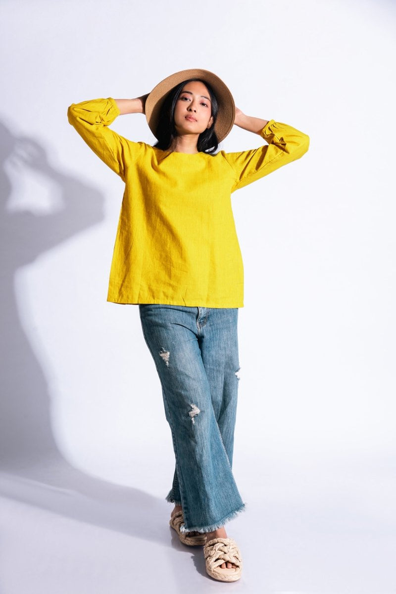 Buy Knot Me Up | Yarn Dyed 100% Cotton | Mustard Yellow Deep Back Top with Bow | Shop Verified Sustainable Womens Top on Brown Living™