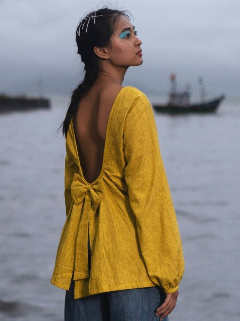 Buy Knot Me Up | Yarn Dyed 100% Cotton | Mustard Yellow Deep Back Top with Bow | Shop Verified Sustainable Womens Top on Brown Living™