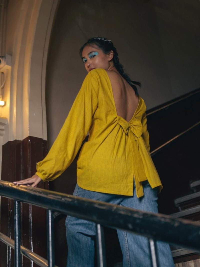 Buy Knot Me Up | Yarn Dyed 100% Cotton | Mustard Yellow Deep Back Top with Bow | Shop Verified Sustainable Womens Top on Brown Living™