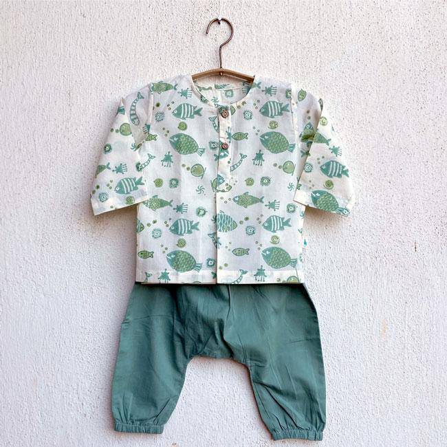 Buy Koi Bag - Koi Mint And White Kurta with Mint Pants | Shop Verified Sustainable Kids Daywear Sets on Brown Living™