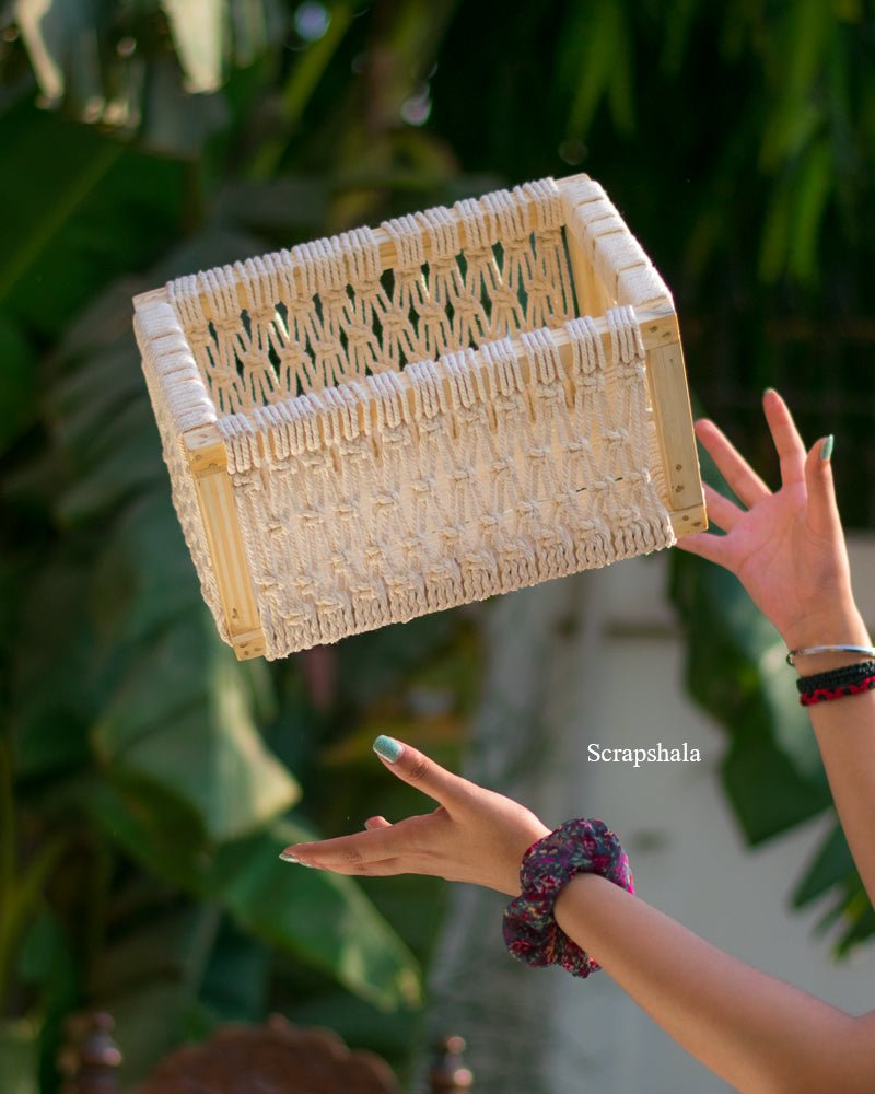 Buy Macrame Wooden Basket | 12 X 8 X 6 inch | Shop Verified Sustainable Baskets & Boxes on Brown Living™