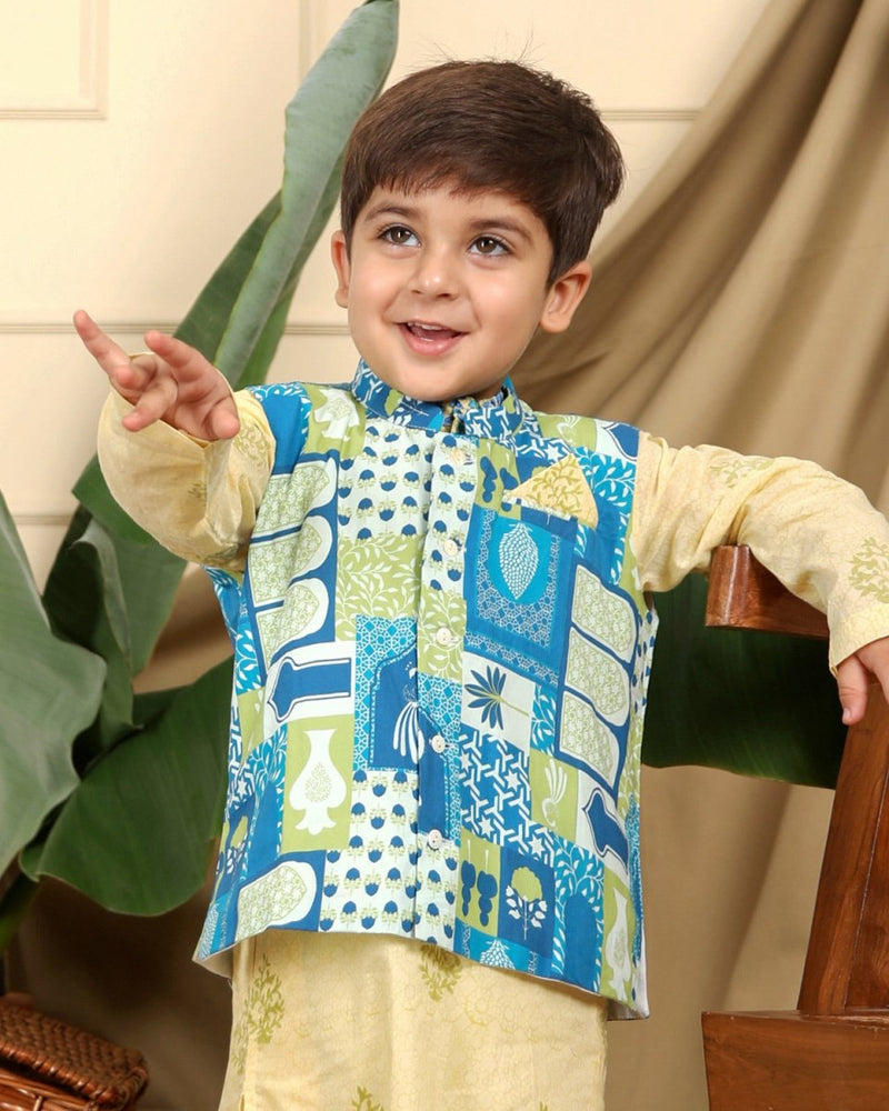 Buy Manara Boys Ethnic Bandi/Nehru Jacket- Blue and Green | Shop Verified Sustainable Kids Ethnic Sets on Brown Living™