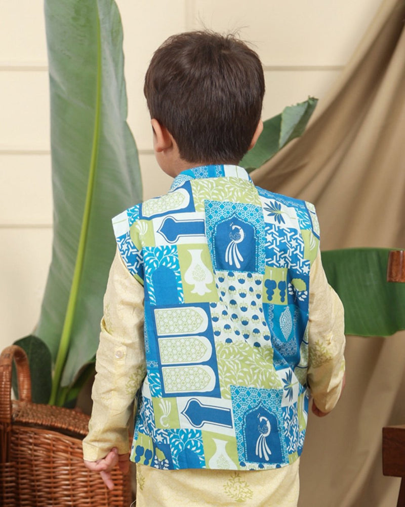 Buy Manara Boys Ethnic Bandi/Nehru Jacket- Blue and Green | Shop Verified Sustainable Kids Ethnic Sets on Brown Living™