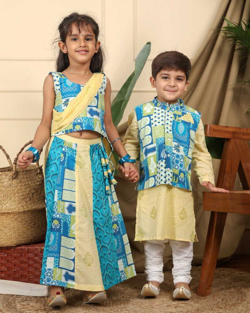 Buy Manara Boys Ethnic Bandi/Nehru Jacket- Blue and Green | Shop Verified Sustainable Kids Ethnic Sets on Brown Living™