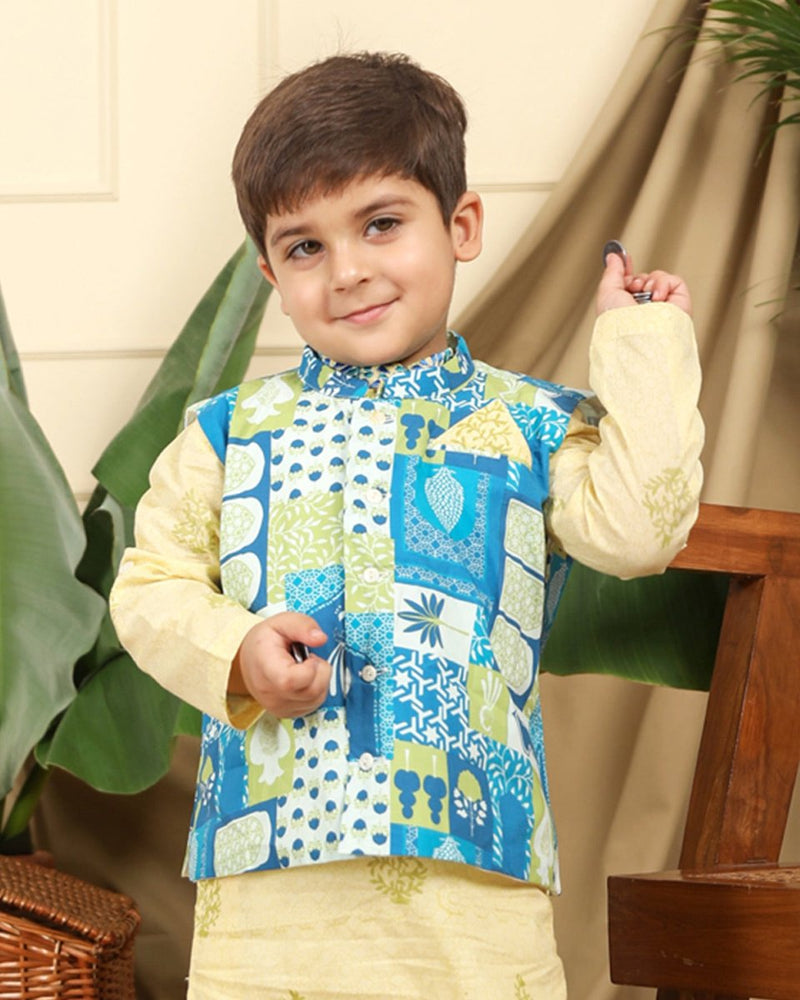 Buy Manara Boys Ethnic Bandi/Nehru Jacket- Blue and Green | Shop Verified Sustainable Kids Ethnic Sets on Brown Living™