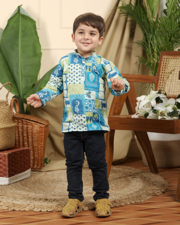 Buy Manara Boys Ethnic Cotton Short Kurta in Blue Print | Shop Verified Sustainable Kids Ethnic Sets on Brown Living™