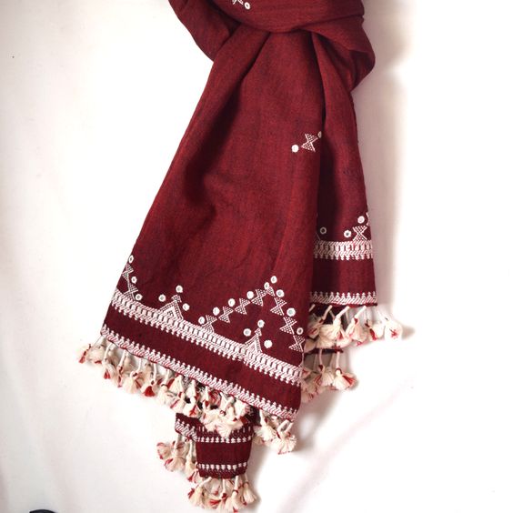 Buy Maroon Handwoven Wool Stole with Mirror Embroidery | Shop Verified Sustainable Womens Scarf on Brown Living™