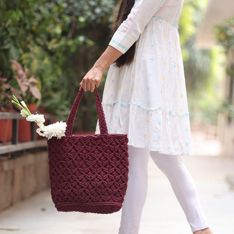 Maroon Macrame Tote Bag | Verified Sustainable Tote Bag on Brown Living™