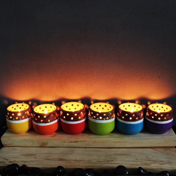 Buy Mini Multicolured Decorated Tea Light Holders- Set Of 6 with Free Candles | Shop Verified Sustainable Products on Brown Living