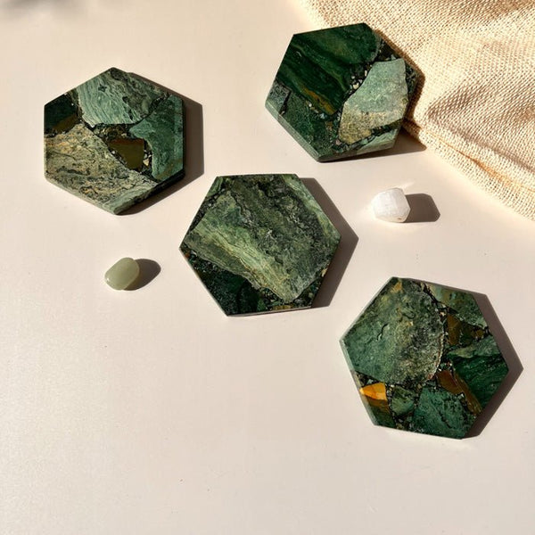 Buy Moss Agate Hexagon Coaster | Set of 4 | Shop Verified Sustainable Table Decor on Brown Living™