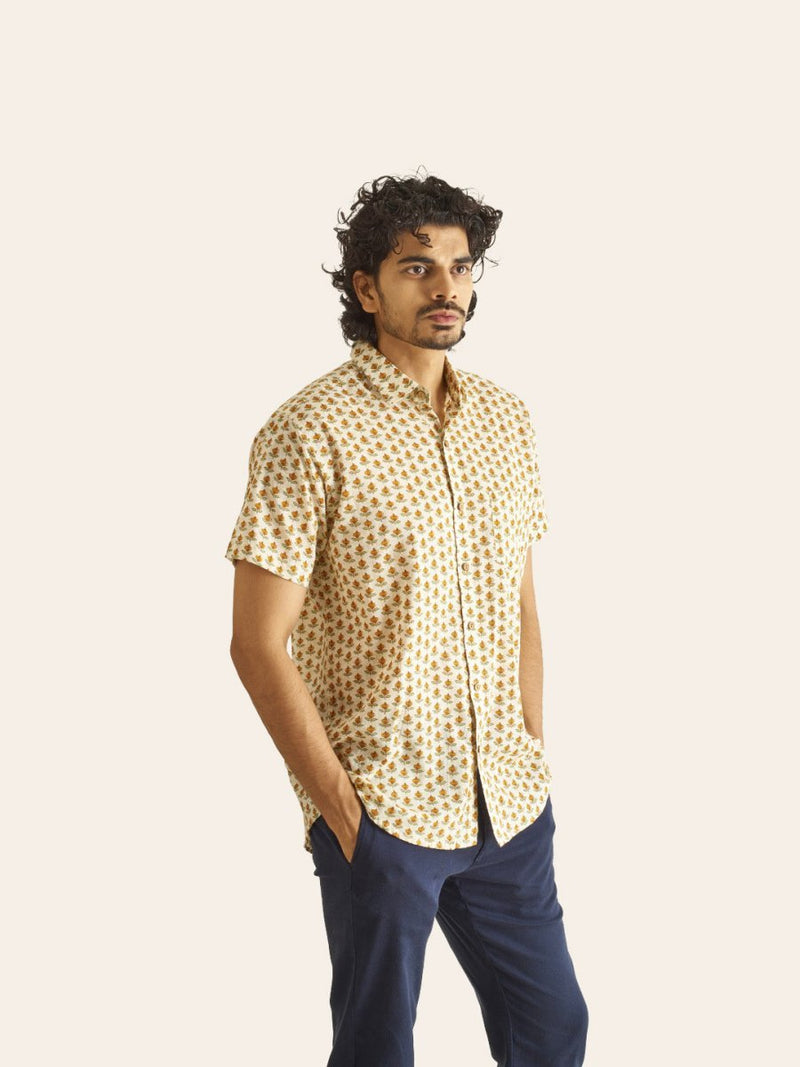 Buy Mustard Bud Printed Cotton Shirt | Shop Verified Sustainable Men Shirt on Brown Living™