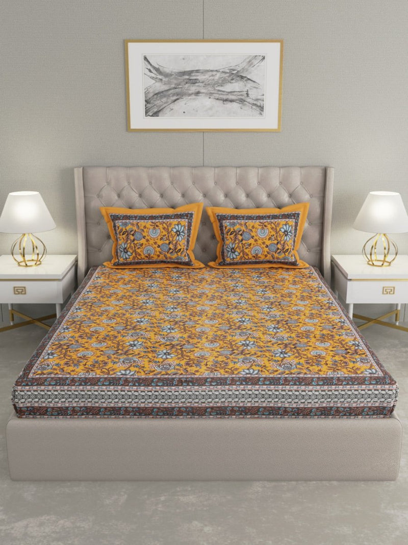 Buy Mustard Floral Hand Printed Pure Cotton King Size Bedding Set | Shop Verified Sustainable Bedding on Brown Living™