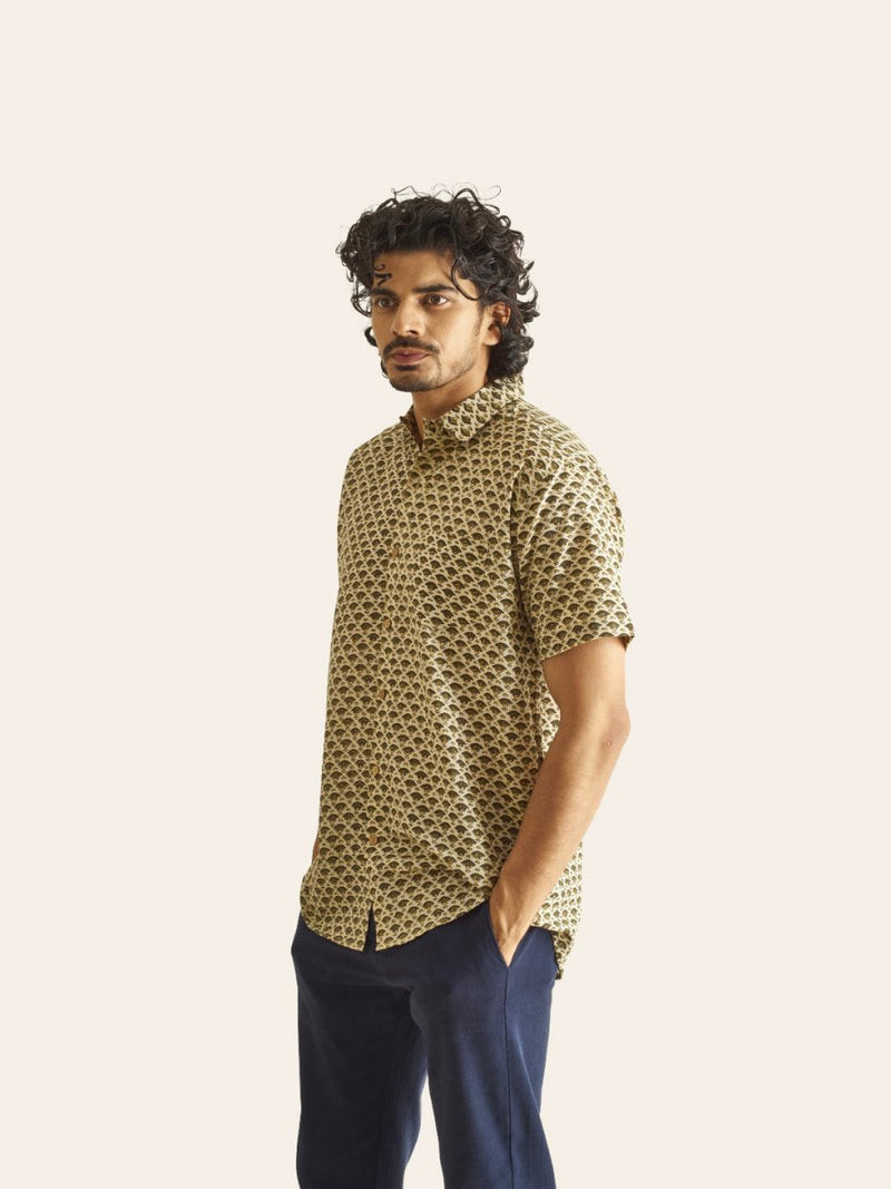 Buy Mustard Motif Ivory Handblock Printed Cotton Shirt | Shop Verified Sustainable Mens Shirt on Brown Living™