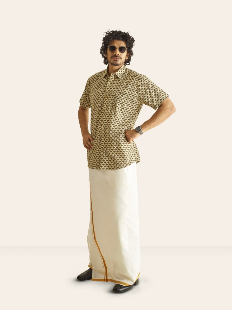 Buy Mustard Motif Ivory Handblock Printed Cotton Shirt | Shop Verified Sustainable Mens Shirt on Brown Living™