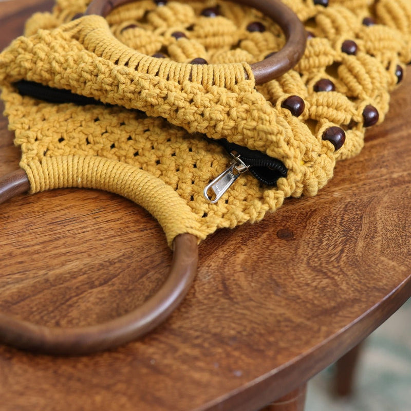 Musturd Yellow Ring Handmade Macrame Bag | Verified Sustainable Bags on Brown Living™