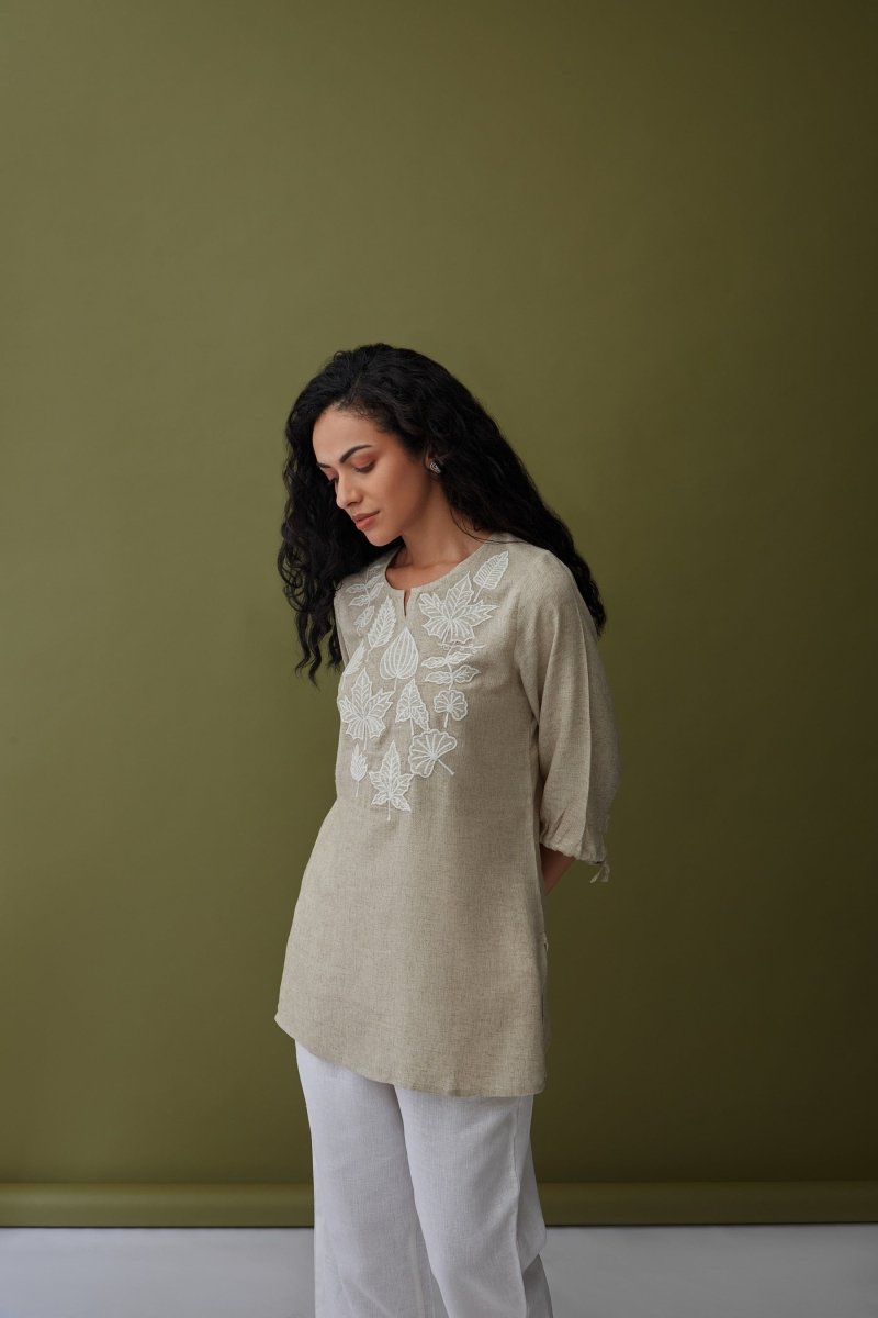 Natural Applique Linen Tunic | Verified Sustainable Womens Top on Brown Living™