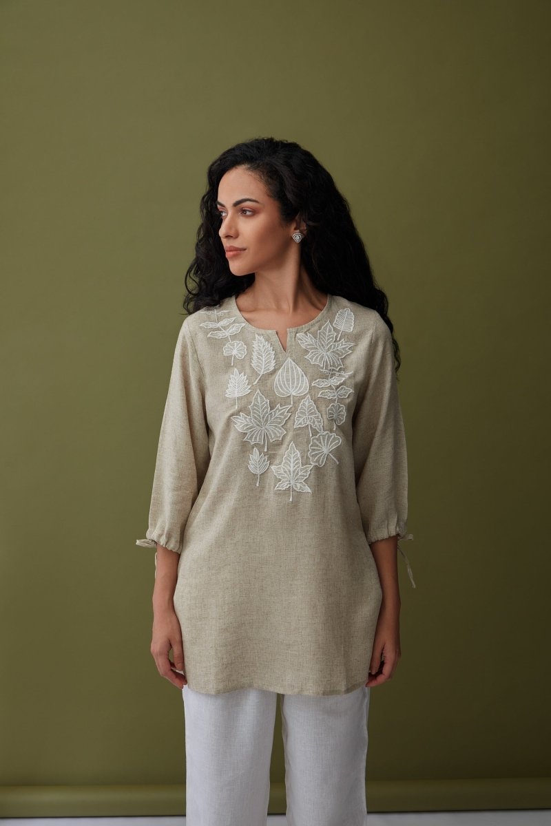 Natural Applique Linen Tunic | Verified Sustainable Womens Top on Brown Living™